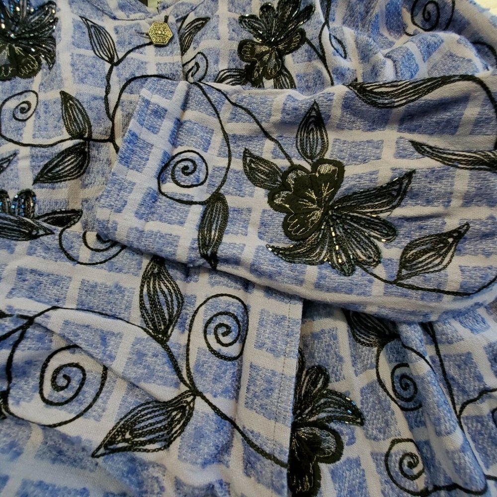 Vintage 90s Periwinkle Blue Floral Beaded Windowpane Jacket Lined XL X-large‎ - Picture 2 of 8